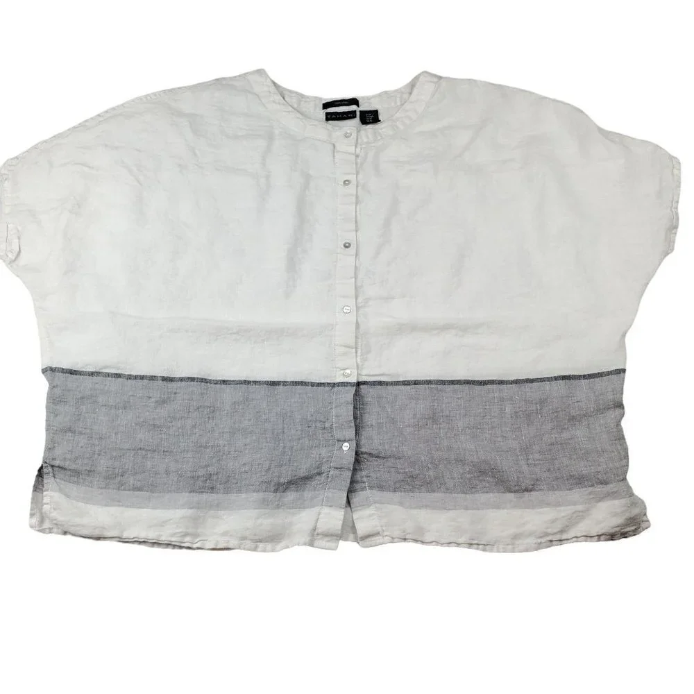 TAHARI Medium Linen button up blouse Cap sleeves Oversized‎ lightweight